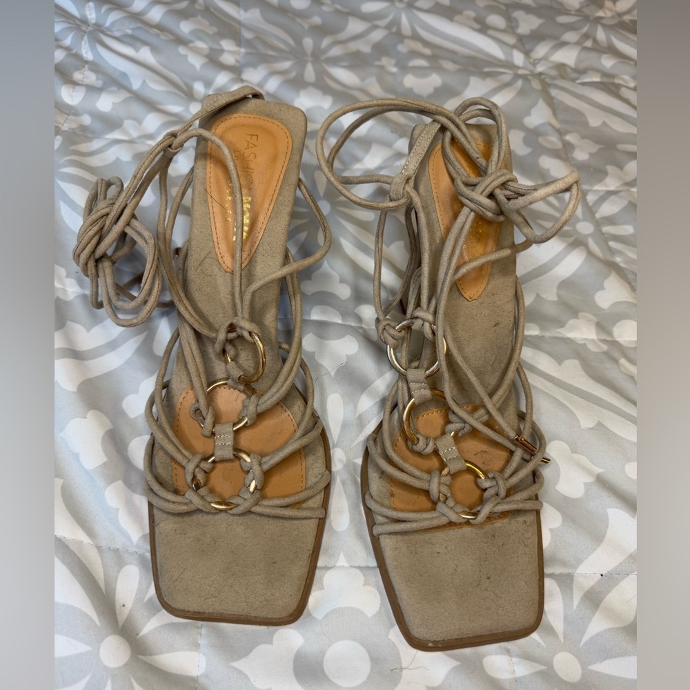 Women's Taupe Lace-Up Sandals with Gold Hardware‎ - Fashion Nova